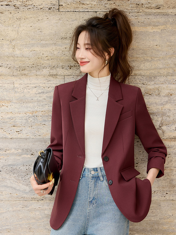 梅子红色西装外套女秋季2025新款韩版宽松休闲后开叉小西服上衣|undefined