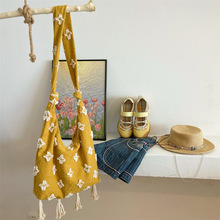 出游旅行斜挎包黄色流苏帆布包波西米亚撞色女包大容量百搭单肩包