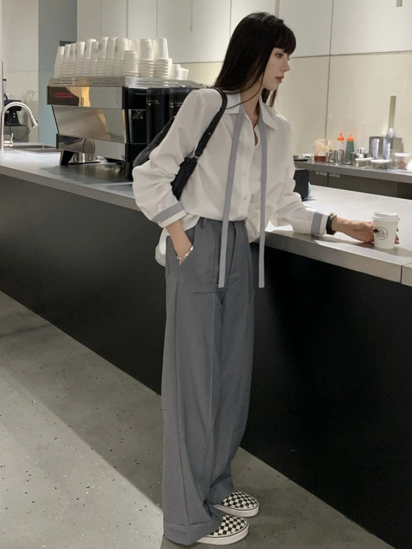 白色拼接polo领长袖衬衫秋女2025设计感小众宽松休闲百搭气质衬衣|undefined