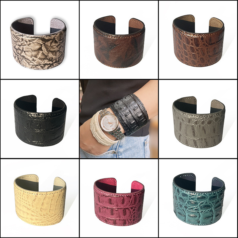 Punk European and American Wide Cowhide Bracelet Opening Adjustable Crocodile Leather Texture Multicolor Vintage Personalized Bracelet