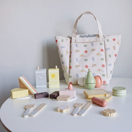 Early education wooden play house kitchen toys breakfast cake fruits and vegetables cut and watch simulation outdoor picnic bag set