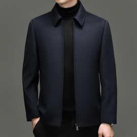 男士羊毛羊绒桑蚕丝毛呢夹克外套中年翻领商务休闲纯色双面呢男装