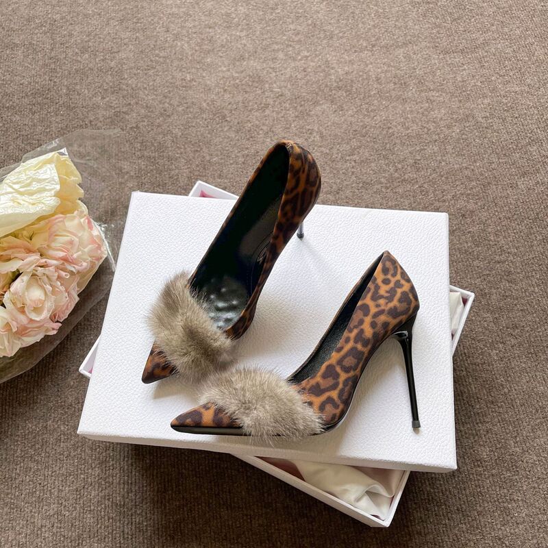 Dropshipping Elegant Style Pointed Toe High Heels for Women, New Stiletto Heel Slip-On Women's Shoes, Shallow Mouth Mink Fur High Heels