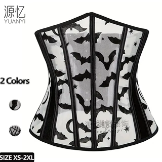 万圣节新款收腹带鱼骨束腰带corset绒布蝙蝠印花胸托跨境外穿束腰