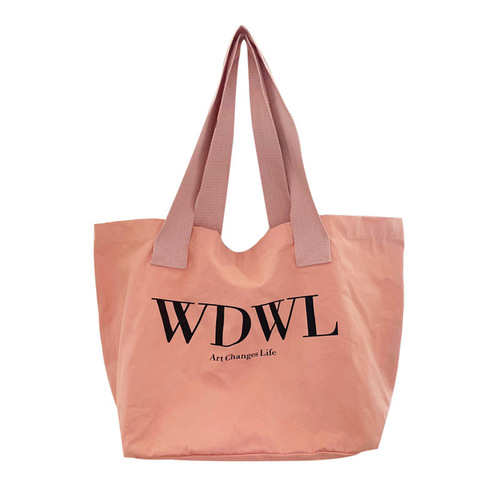 Korean chic salmon pink tote canvas bag ins new versatile letter retro large capacity shoulder bag