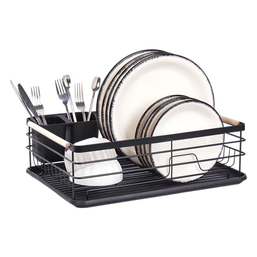 Moderno simple de una sola capa de mango de madera tazón plato de drenaje de hierro vajilla de almacenamiento estante de hierro estante de almacenamiento de cocina multifuncional
