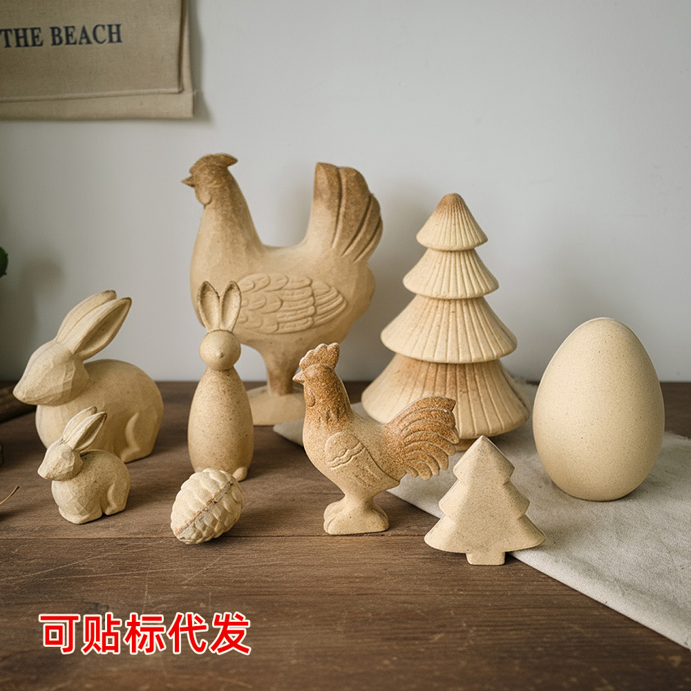 创意毛坯动物植物DIY家居装饰工艺品摆设白胚粗胚兔子松果摆件