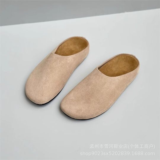 2024 Spring and Autumn New Men's and Women's All-match Retro Genuine Leather Half Slippers Muller Shoes Row Burken Shoes Flat Toe Slippers