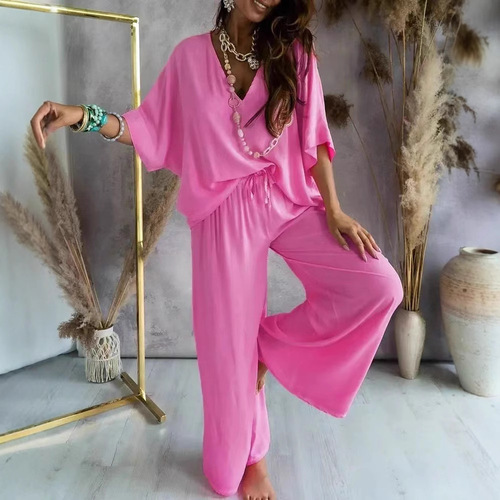 Amazon AliExpress Independent Store 2025V Collar Batwing Sleeve Loose Wide Leg Pants Set for Women