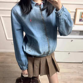 高版本RL拉夫牛仔夹克小马刺绣翻领格纹撞色丹宁拉链老干部外套