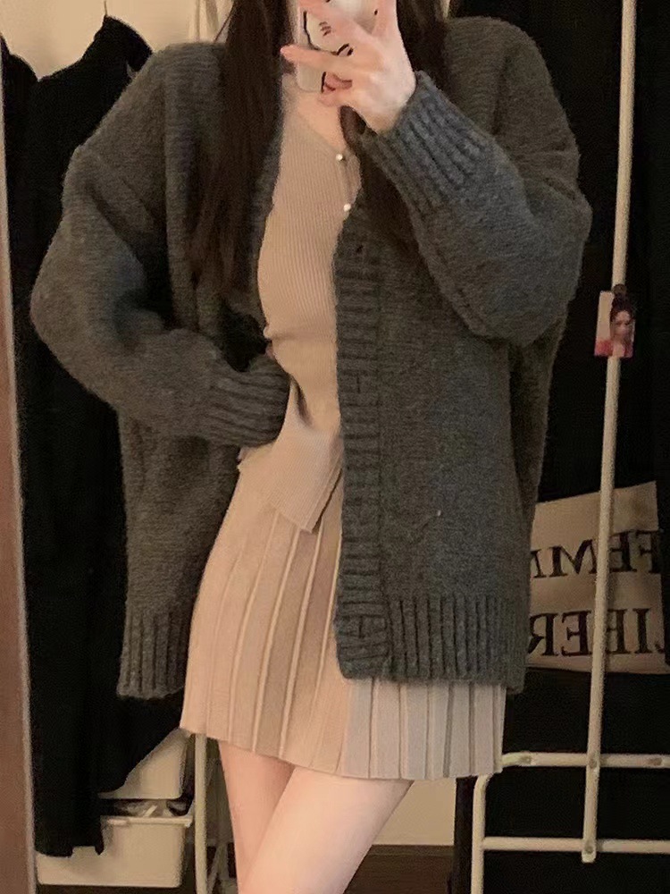 Coreano color sólido de cuello en V jersey de punto suéter mujeres otoño invierno nuevo estilo perezoso estilo suave pegajoso versión suelta abrigo grueso image 7