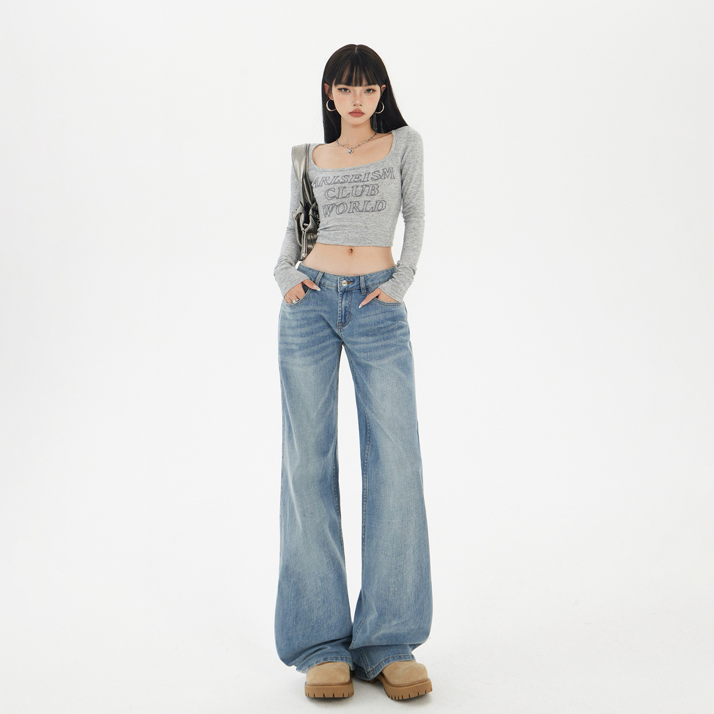 【Jinyin】Simple American-Style Low-Waist Loose Straight-Leg Flare Pants with Drape, Floor-Length Versatile Jeans