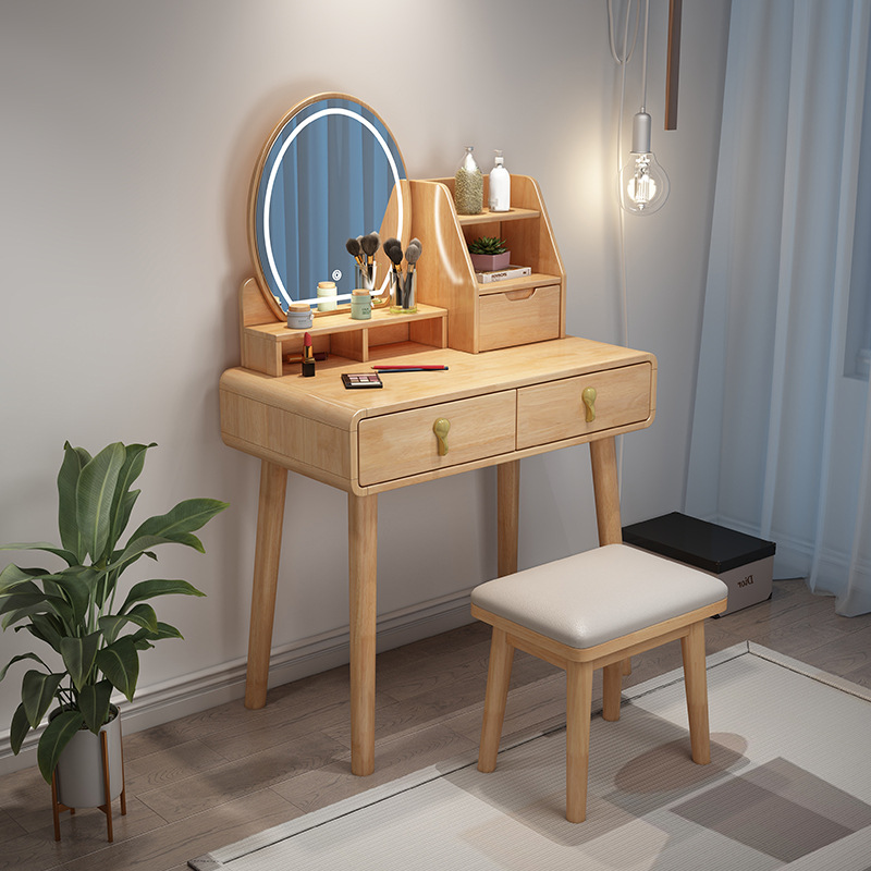 Tocador de Dormitorio Moderno y Minimalista de Madera Maciza, Modelo 2023, Multifuncional con Bandeja Giratoria, Tocador de Maquillaje de 70 cm