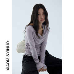 【欧凡】纯欲风荡领蕾丝挂脖假两件长袖T恤女25秋季别致上衣3140