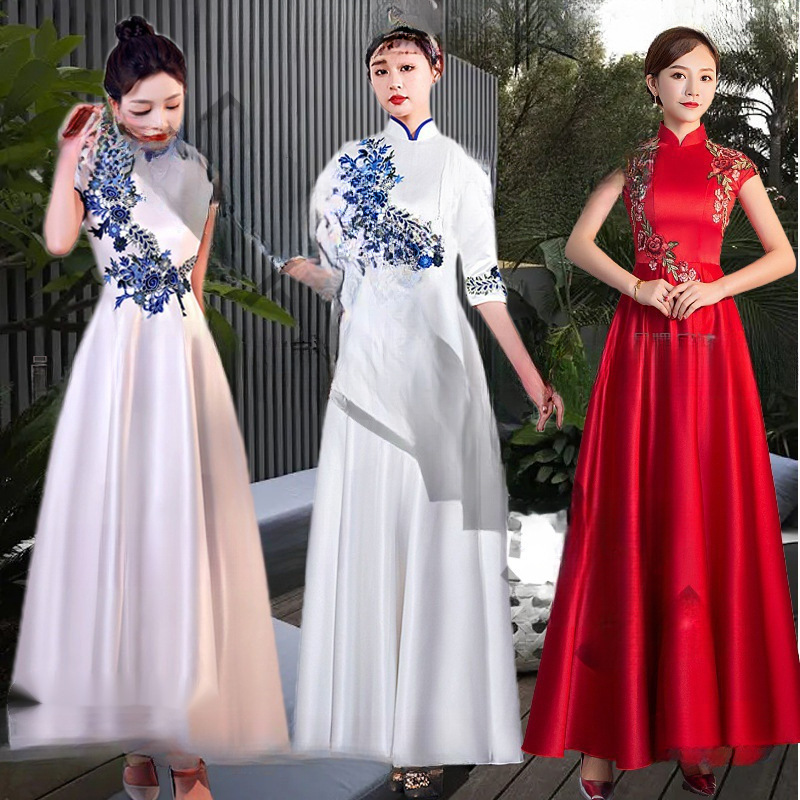 Etiquette Reception Clothing Etiquette Cheongsam Clothing Lady Gold Store Event Style Blue and White Award Dress Hotel Reception Etiquette Reception Clothing Etiquette Cheongsam Clothing Lady Gold Store Event Style Blue and White Award Dress Hotel Reception