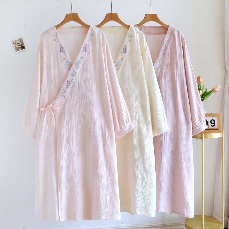 Spring and Summer Thin Pure Cotton Double-Layer Gauze Nightgown for Women, Japanese-Style Kimono Yukata Cardigan with Tie, Mid-Length, Embroidered, Breathable