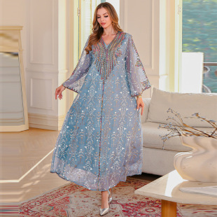 Foreign Trade Arabic Mesh Embroidered Dress Middle Eastern Clothing Abaya Women's Long Skirt Abaya Rope Embroidered Robe