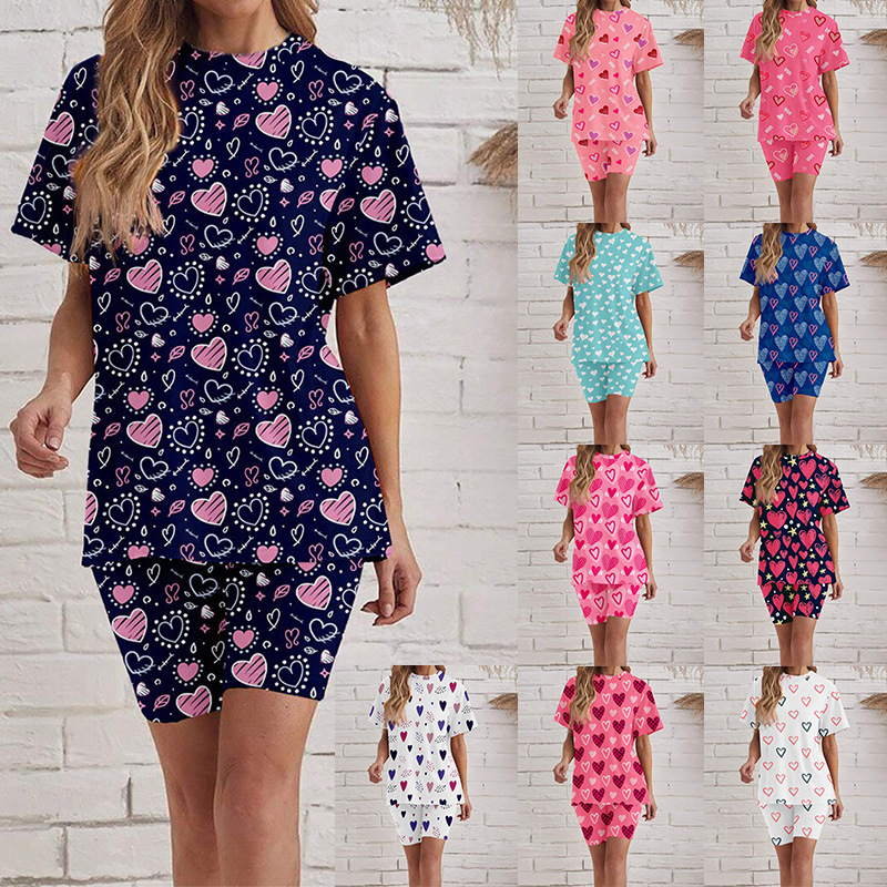 Europe and the United States cross-border summer new pajamas can be worn women's home clothes multi-color love printed short sleeve shorts suit
