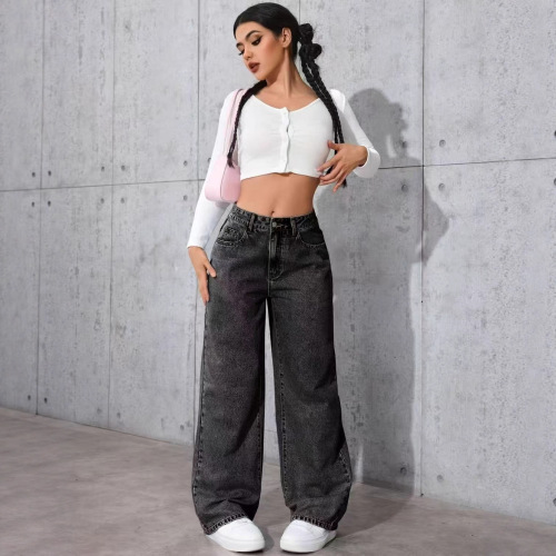 Spring and autumn sweet and spicy style European and American high-waist straight loose jeans for women's independent stand hot