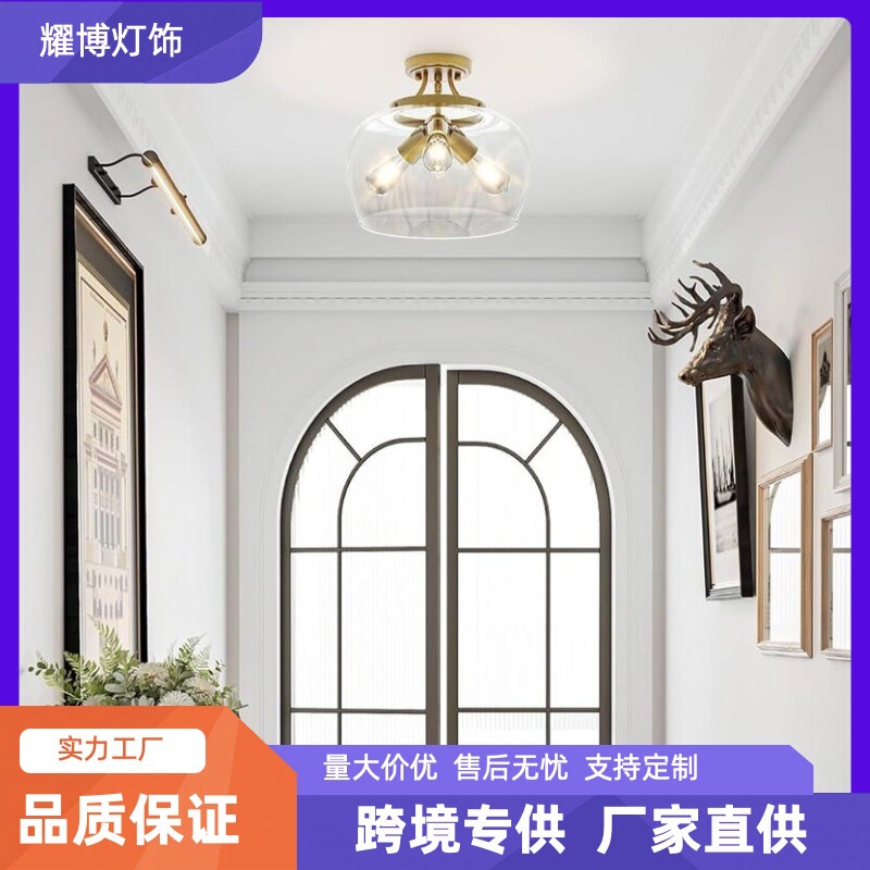 Semi Flush Mount Ceiling Light Gold Ceiling Lamp Fixture with Clear Glass Shade for Hallway Foyer Kitchen Bedroom