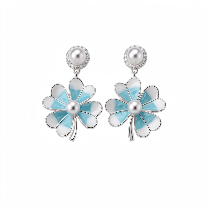 Aguja de plata zircon goteo de aceite hierba afortunada flores azules perlas pendientes de perlas temperamento dulce pendientes de lujo ligero de alta calidad pendientes image 6