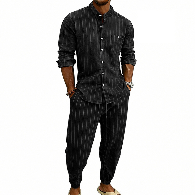 Transfronterizos primavera y otoño hombre deportivo a rayas verticales camisa casual de manga larga cardigan a rayas transpirables pantalones de dos piezas