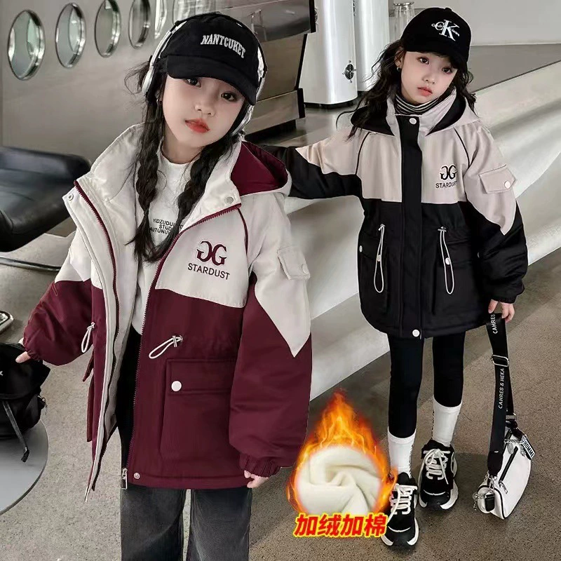 Девочка Пайк одежда осень и зима 2024 новый средний ребенок ребенок зимний ветрозащитный бархат толстый куртка