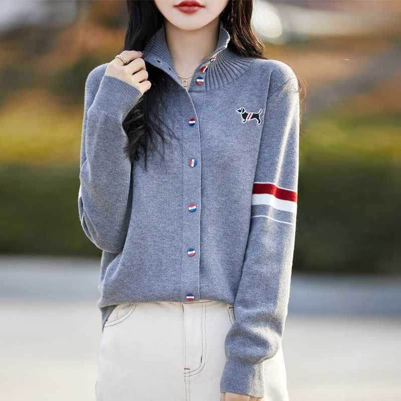 春秋装新款彩扣纯色针织羊绒开衫女立领百搭毛衣外套长袖韩版外搭