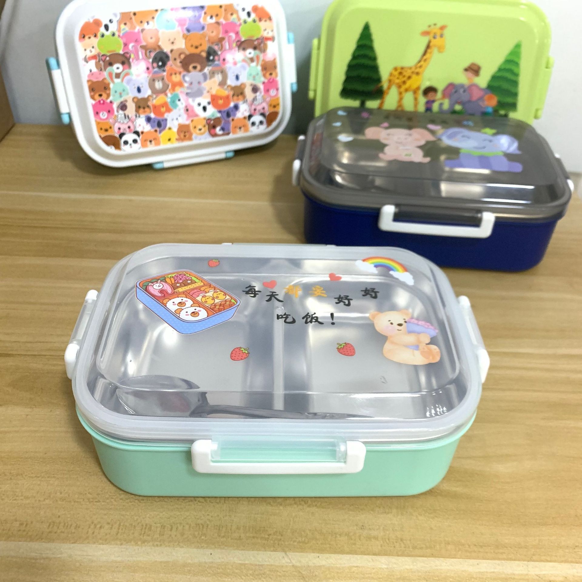 美林达304不锈钢便当盒卡通饭盒注水保温塑钢儿童餐盒带匙二/三格