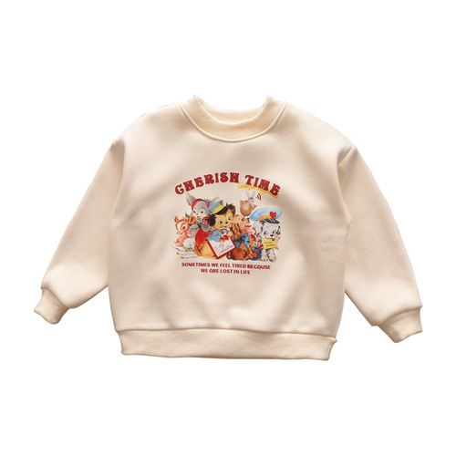 Girls' velvet round-neck sweatshirt, children's style cartoon all-in-one Austrian velvet warm casual pullover top, late autumn and winter