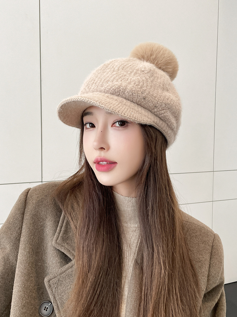 Autumn And Winter Velvet Rabbit Fur Women's Baseball Cap Texture Sequin Wool Ball Knitted Duckbill Cap Trend Warm Hat Yarn Cap_voghion.com
