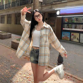 格子防晒衬衫女夏季新款复古港味春秋宽松韩版长袖叠穿衬衣外套