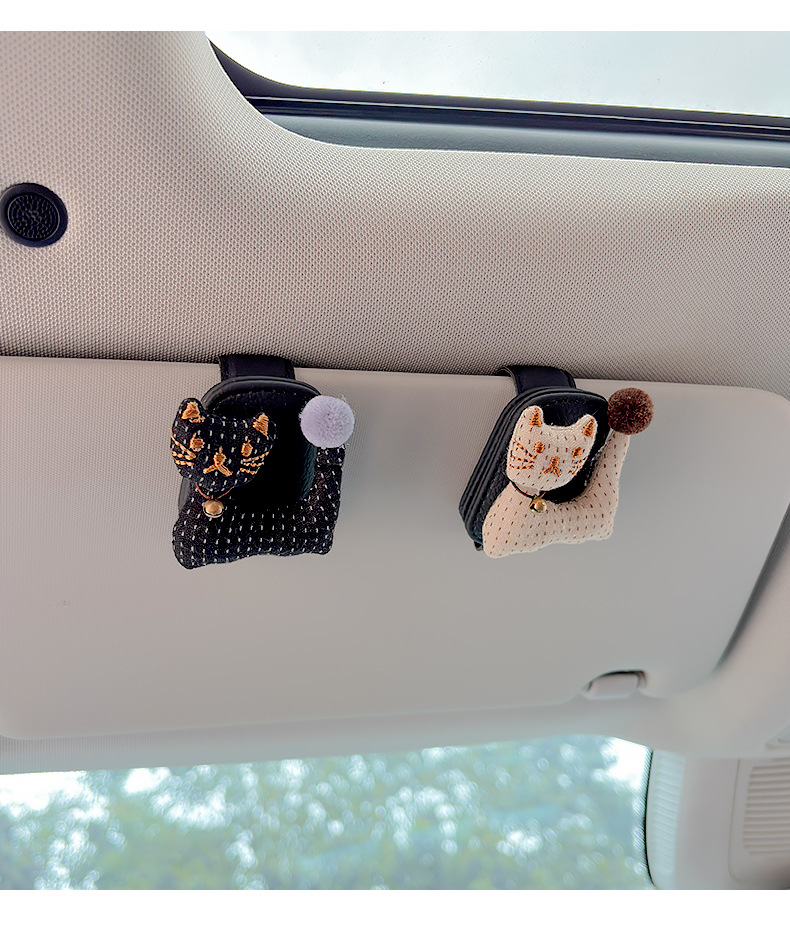 Cute New Bell-Shaped Cat Car Glasses Holder, Sunglasses Storage, Magnetic Car Sun Visor Sunglasses and Receipt Holder