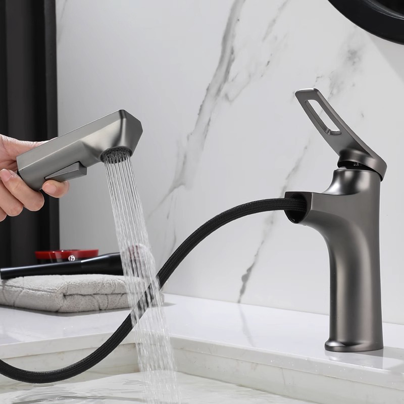 Pistola de cobre Grifo gris Lavabo extraíble Todo cobre Grifo telescópico plateado frío y caliente multifuncional Aguja de un solo orificio
