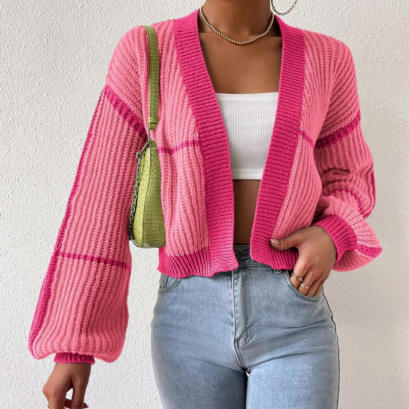 Spot suéteres personalizados transfronterizos europeos y americanos primavera y otoño suéter de punto corto cardigan chaqueta exterior suéter suelto en contraste mujeres image 8