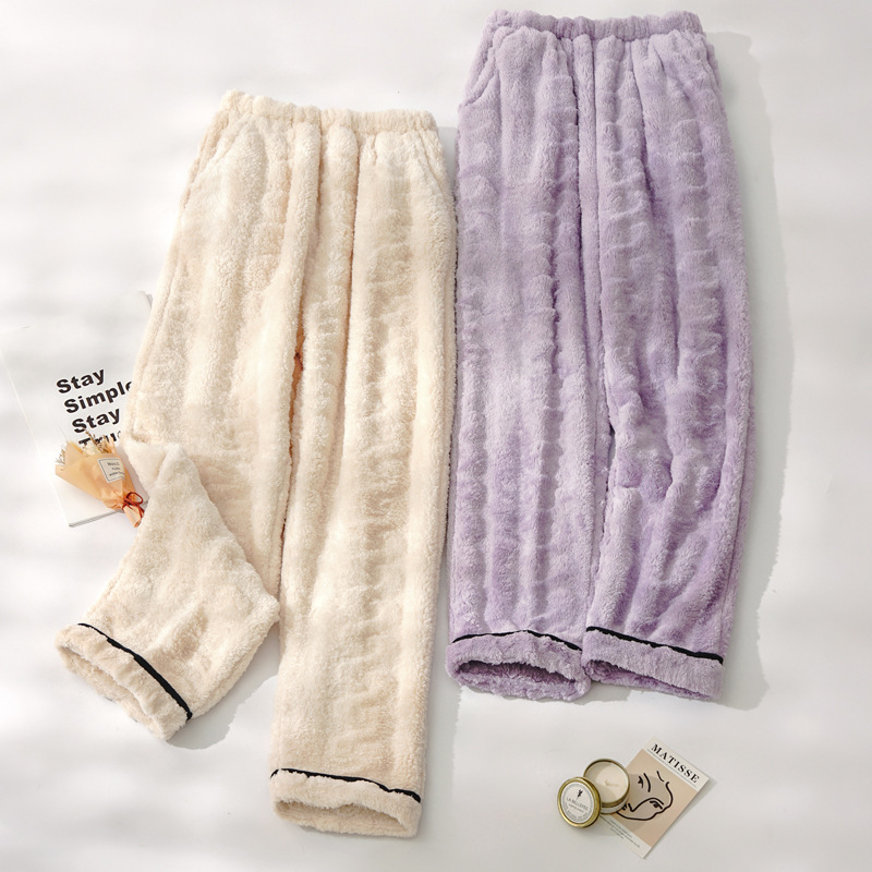 Women's Sleep Pants for Autumn and Winter, Fleece-Lined and Thickened Coral Fleece Long Pants, Warm Pants, Flannel Single Pants, Loose Home Pants