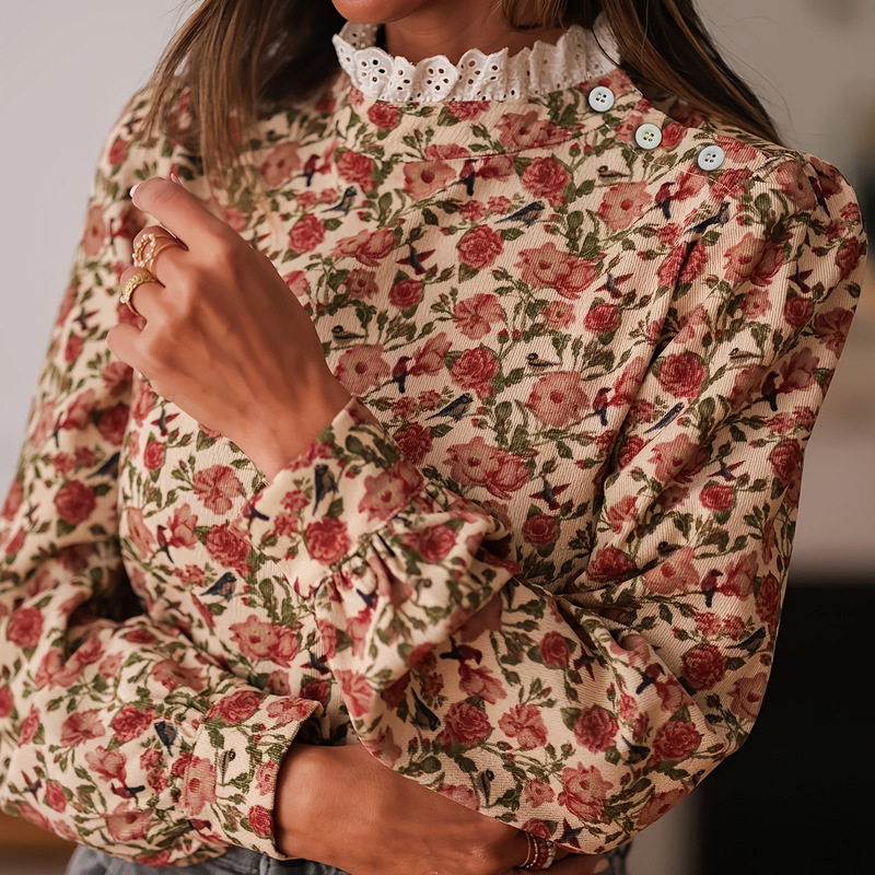 Small Floral Pattern, Lace Trim, Contrasting Collar, Elegant, All-Season, Long-Sleeve Versatile Shirt, European and American Cross-Border Small Floral Pattern, Lace Trim, Contrasting Collar, Elegant, All-Season, Long-Sleeve Versatile Shirt, European and American Cross-Border