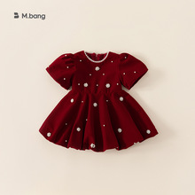邦选童装女童连衣裙秋冬圣诞服装女宝珍珠裙子红色礼服儿童公主裙