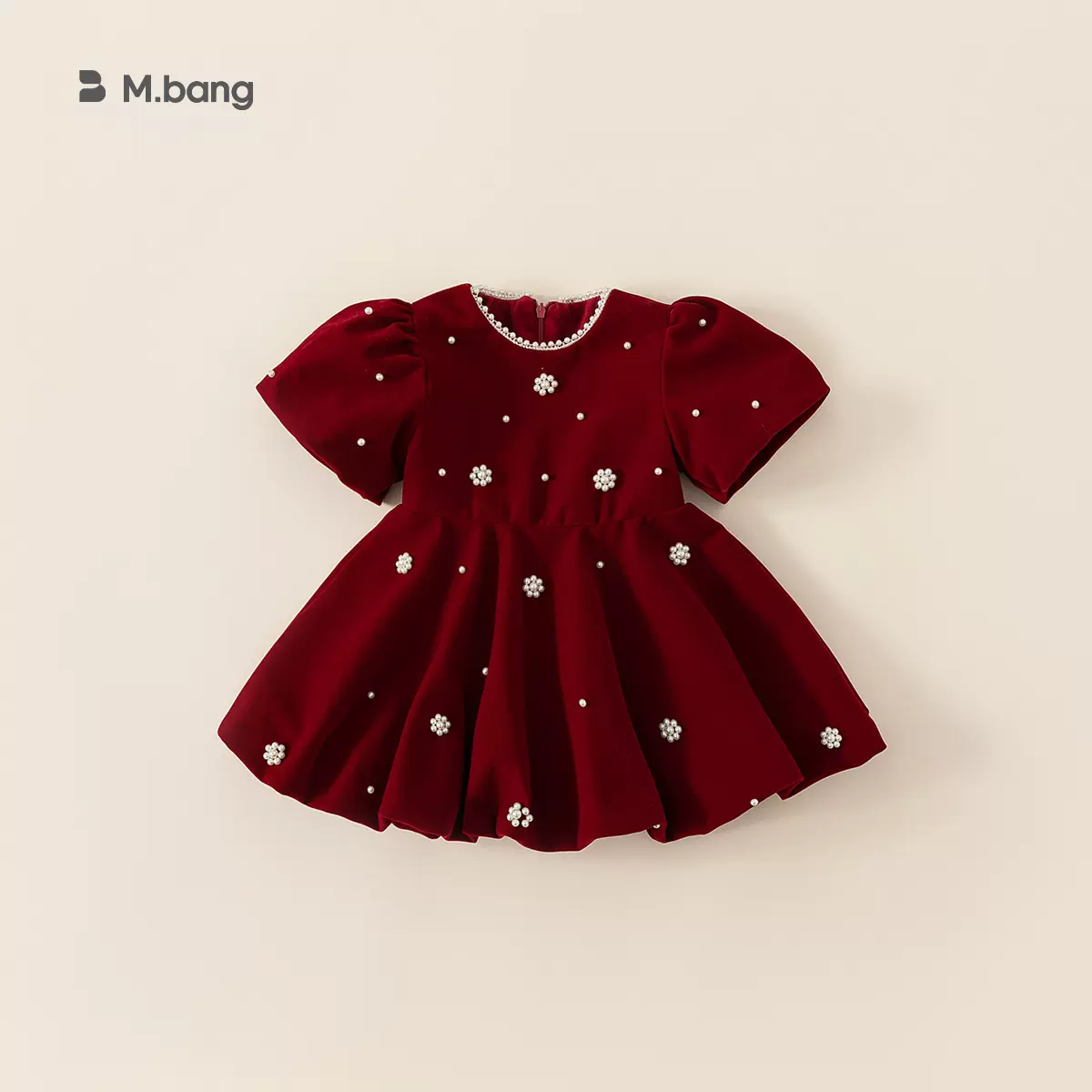 邦选童装女童连衣裙秋冬圣诞服装女宝珍珠裙子红色礼服儿童公主裙