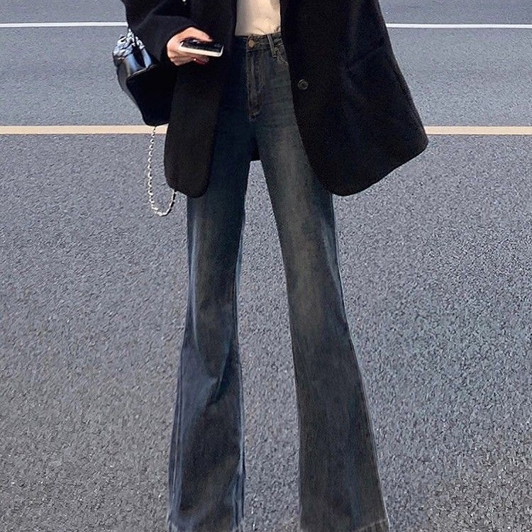 微喇牛仔裤女韩版冬季新款高腰宽松阔腿显瘦保暖直筒百搭喇叭裤子