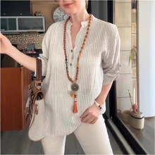 2025夏季外贸新款欧美亚马逊女士V领七分袖条纹衬衫上衣