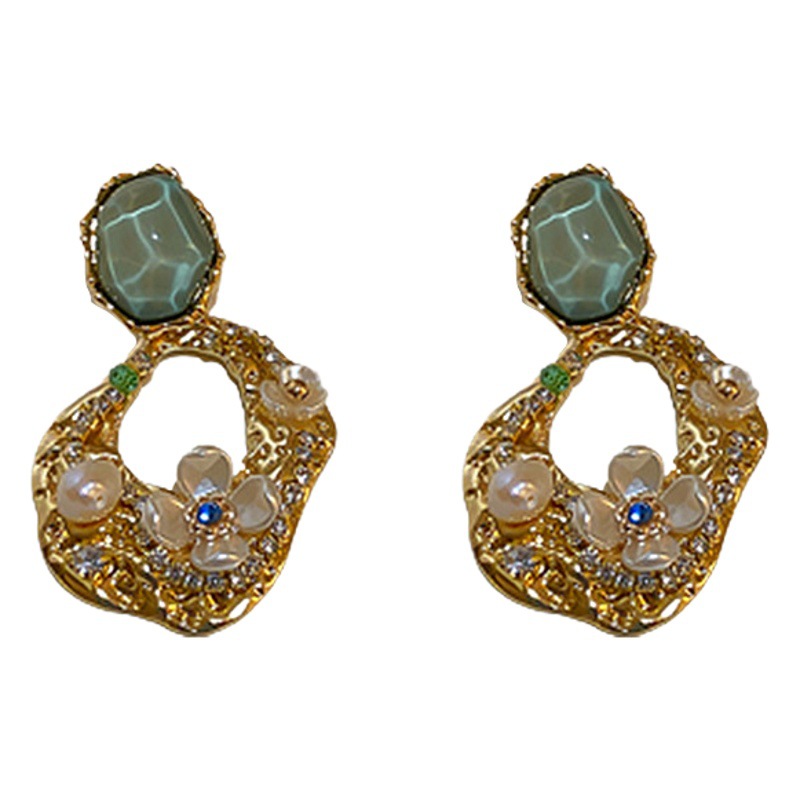 Aguja de plata cuadrado diamante flor perla plisada hueco pendientes de diseño de nicho de moda pendientes de estilo étnico pendientes