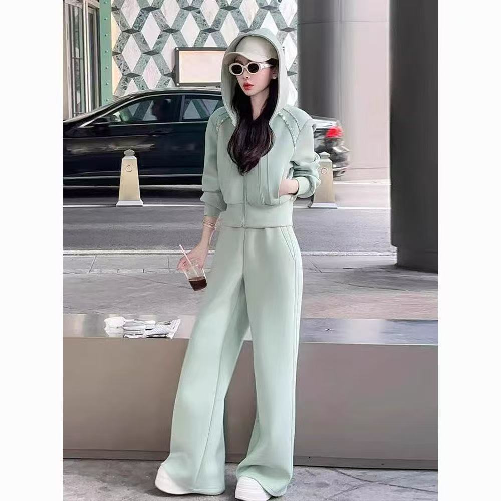 Cross-Border European Casual Sports Suit for Women 2025 Autumn New Fashion Style Sweatshirt Wide-Leg Pants Two-Piece Set # 924