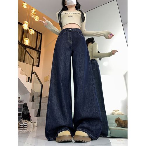 Spring New Denim Pants Highlight Leg Length 2025 Trend Deep Blue Loose Wide Leg Pants Women High Waist Slimming