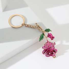 跨境时尚合金水钻娇艳玫瑰花朵钥匙扣挂饰情侣汽车钥匙包包挂件