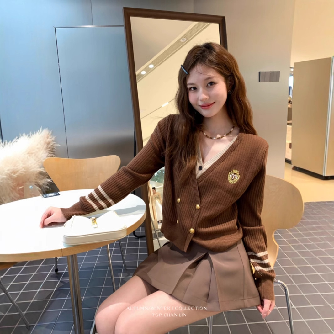 다크 브라운 V 넥 더블 브레스트 페이크 투피스 니트 카디건 여성 가을 한국식 칼리지 스타일 슬림 슬리밍 스웨터 탑