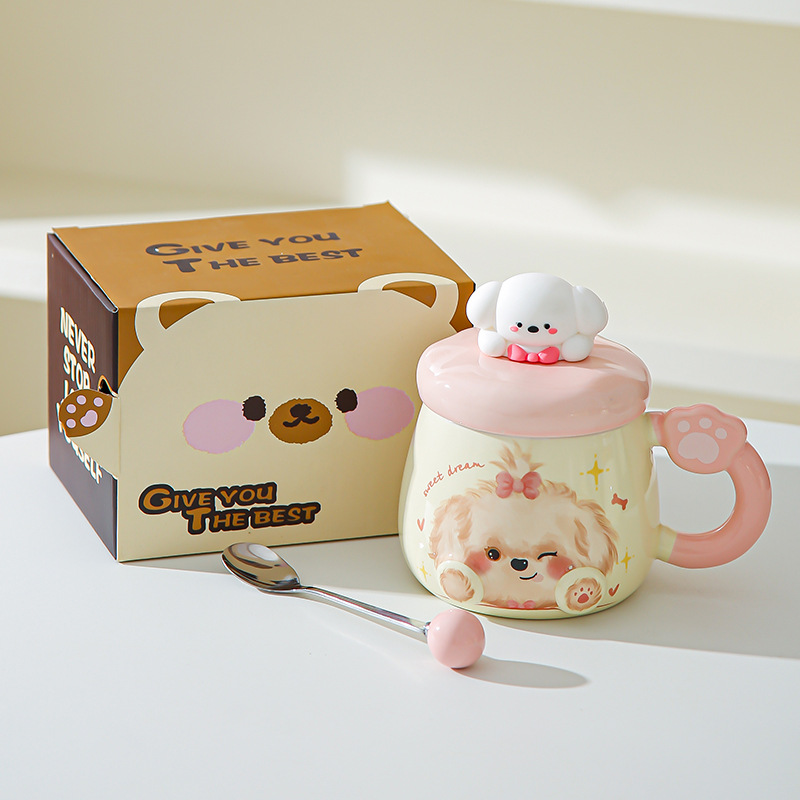 Taza de cerámica de alto valor nominal ins para cachorros con tapa para casa encantadora pareja taza de café para desayuno para acompañantes taza de regalo