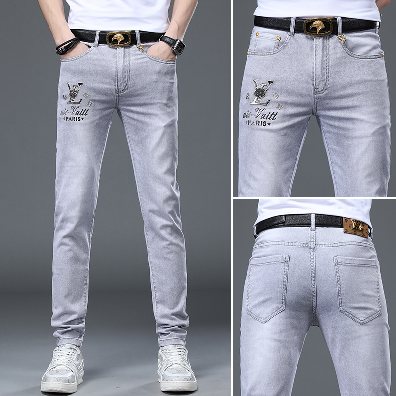 Light extravagance Jeans man summer Thin section European goods Light colour fashion printing Self cultivation Feet Elastic force leisure time trousers