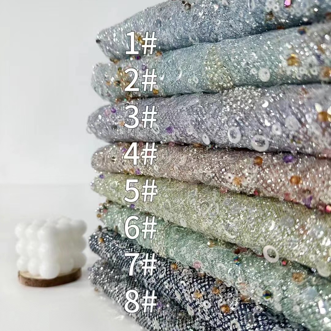 Polvo de polvo de tela de sequilla de encaje cuentas bordadas vestido de boda cheongsam bordado tela de sequilla