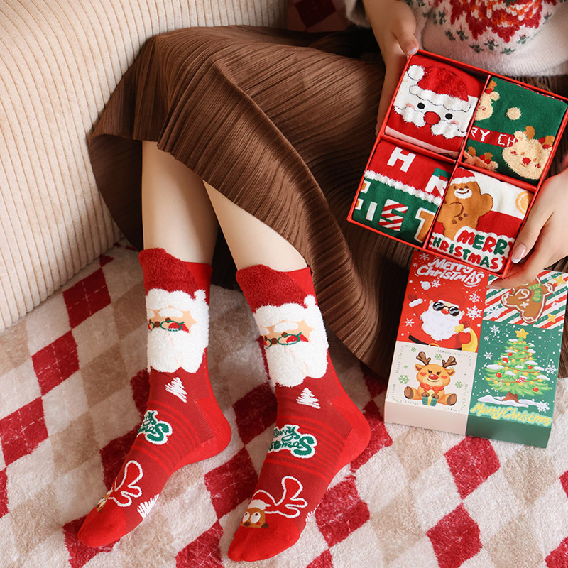 Calcetines navideños calcetines de tubo medio cajas de regalo calcetines niños dibujos animados calcetines de algodón de invierno calcetines de regalo parejas calcetines rojos y encantadores de año nuevo image 1